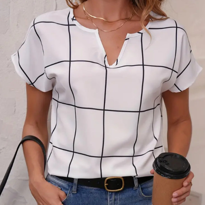 Casual Plaid Print Notched Neck Blouse