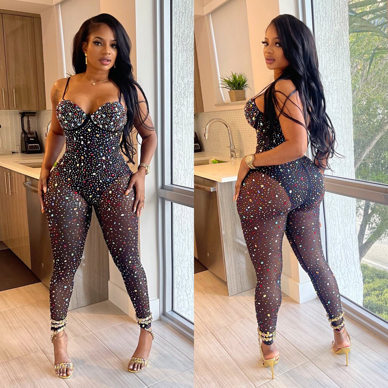 Sheer Mesh Rhinestone Jumpsuit