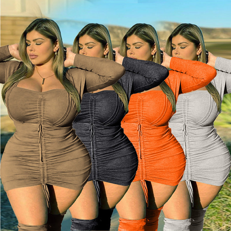 V-neck Short Solid Color Plus Size Tight Dress