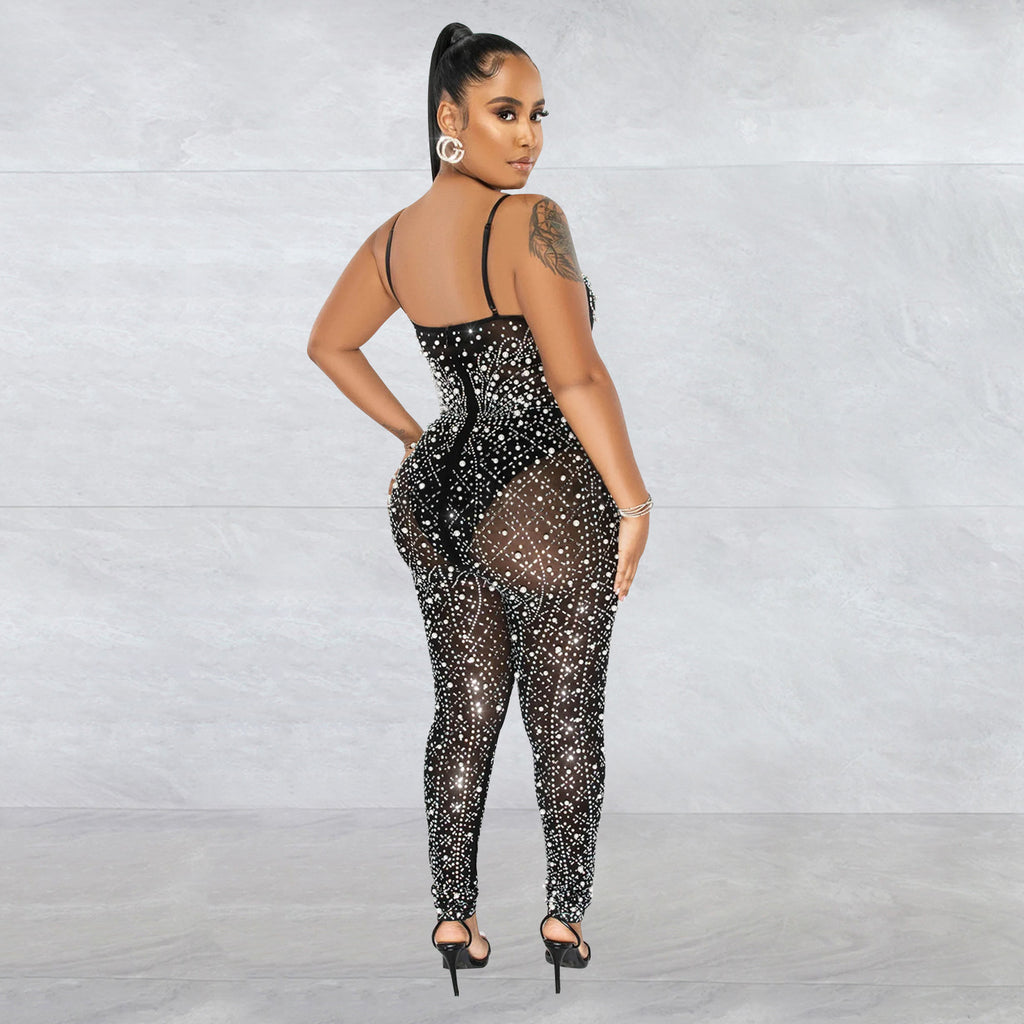 Color Mesh Rhinestone Sleeveless Jumpsuit