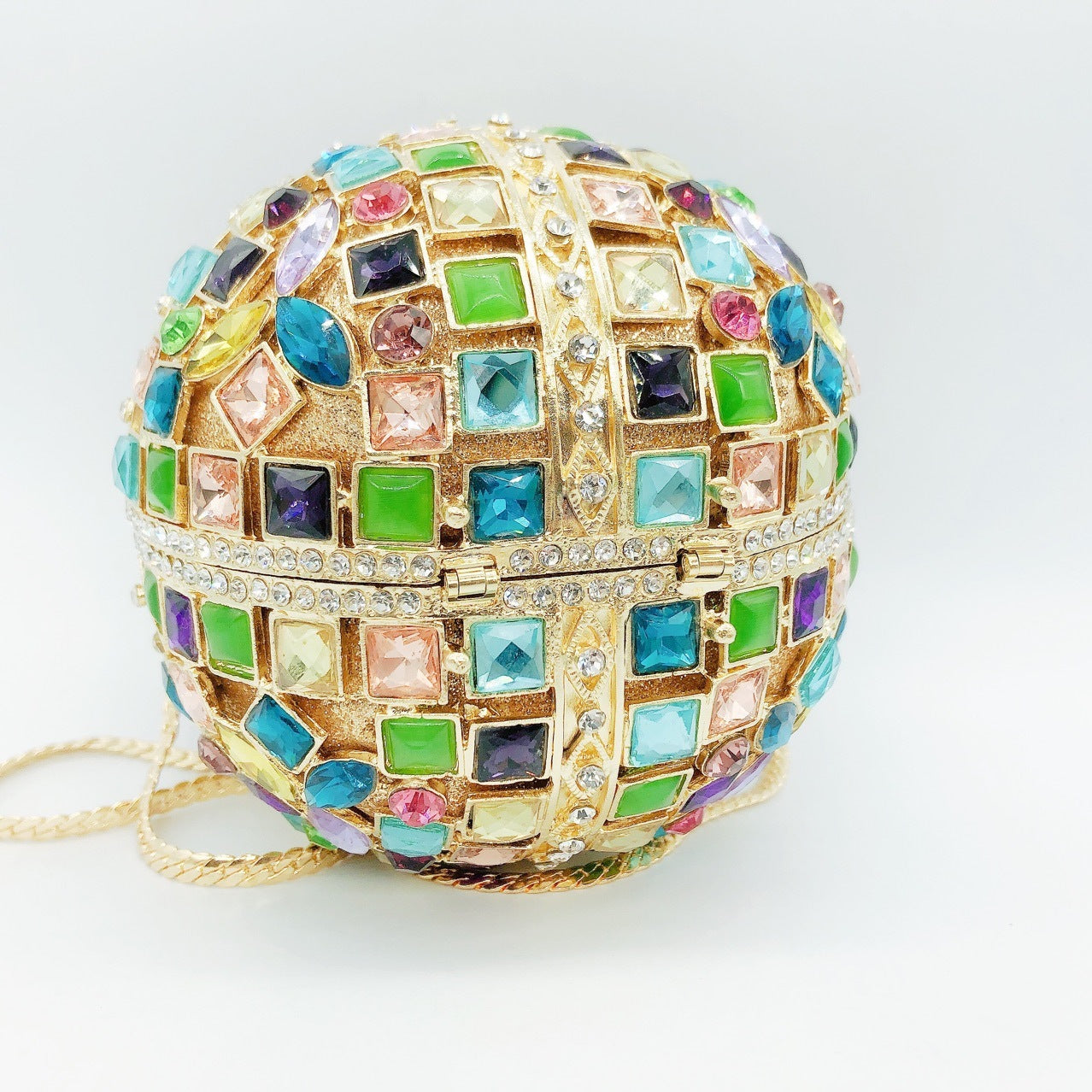 Multicolored Glass Rhinestone Round Ball Bag with an Empty Diamond