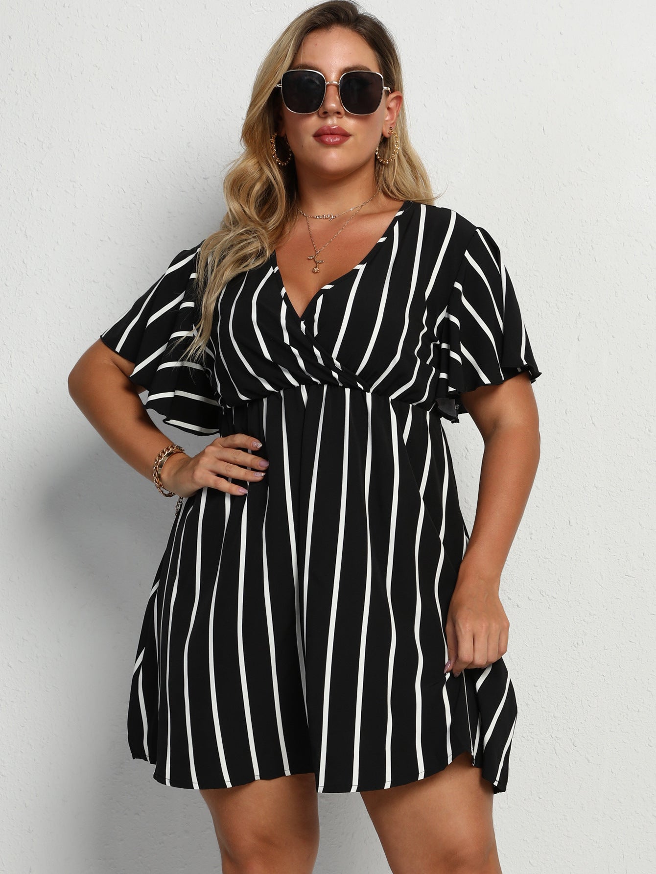 Loose V-Neck Patchwork Striped Dress