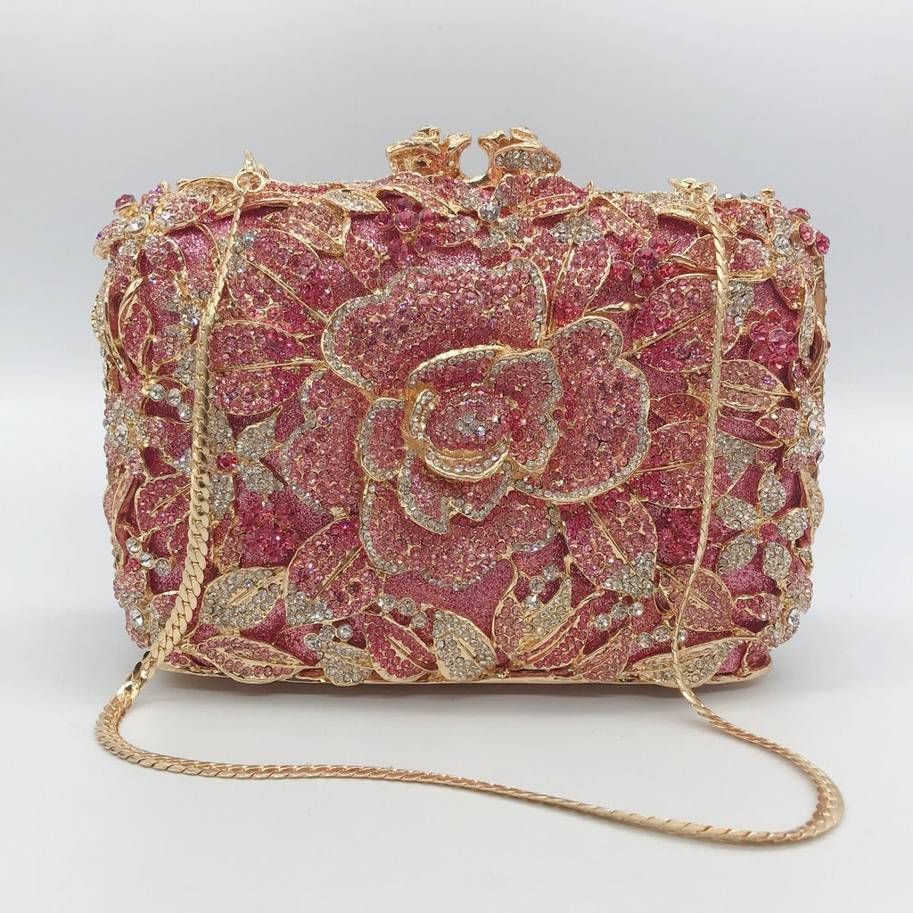 Metal Rose Diamond Chain Clutch