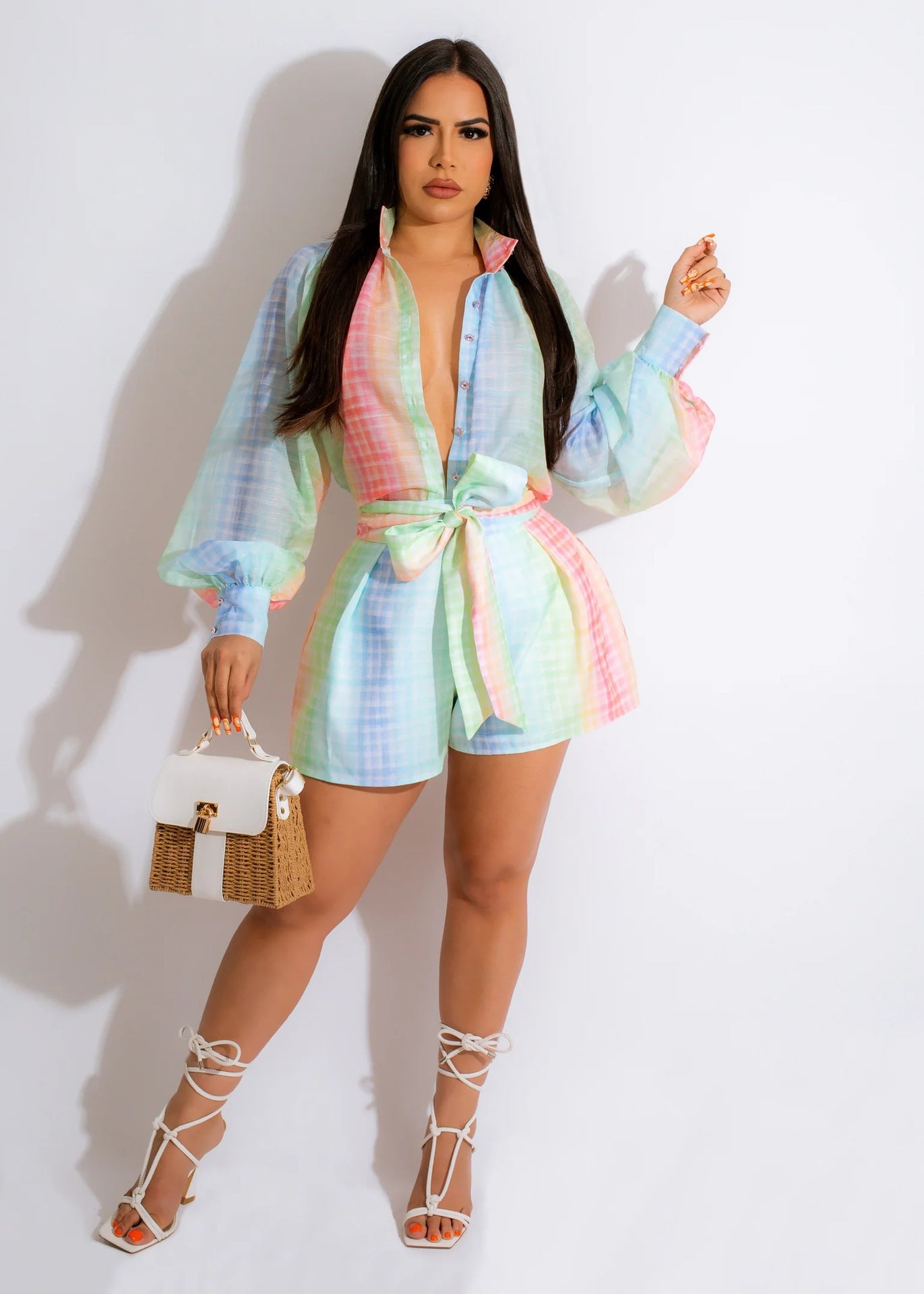Cardigan Lapel Plaid Print Lantern Sleeve Jumpsuit