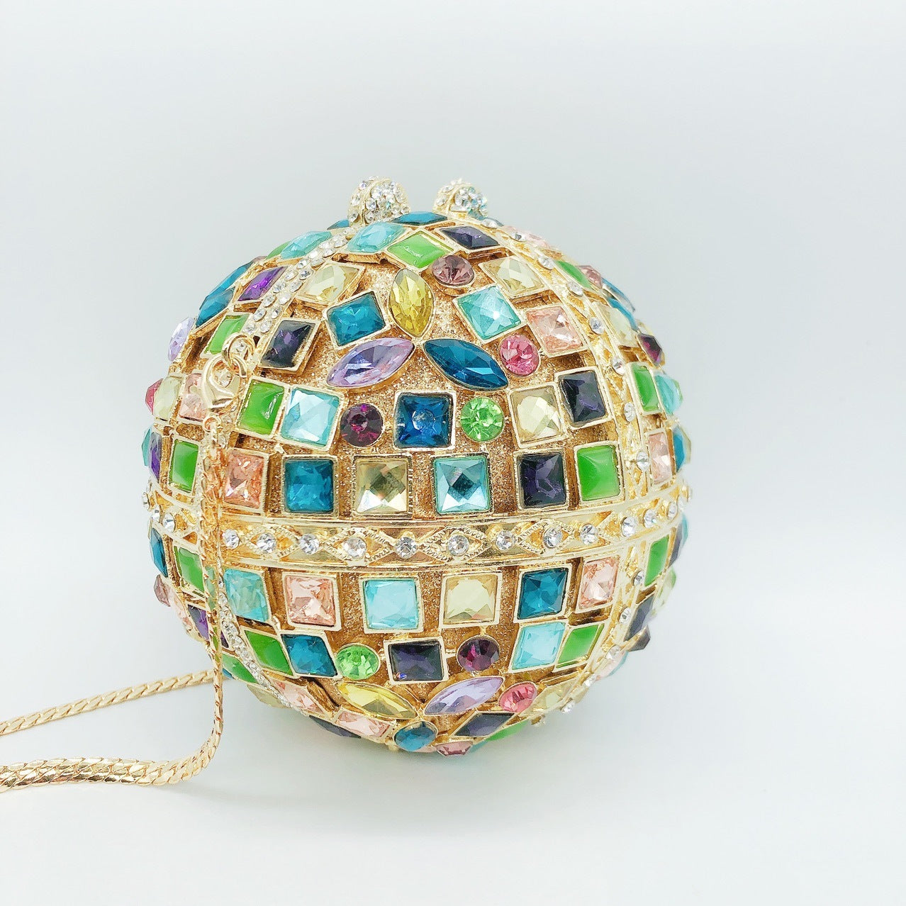 Multicolored Glass Rhinestone Round Ball Bag with an Empty Diamond