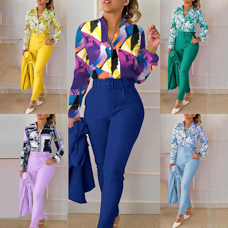Elegant Printed Trousers Long Sleeve Pant Set