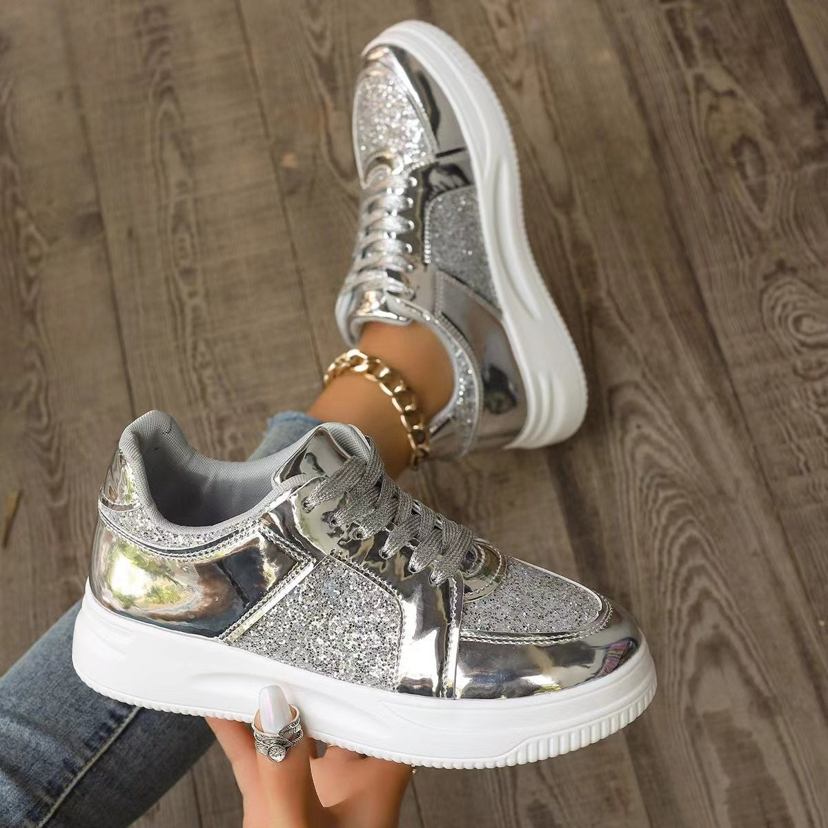 Casual Fashion Lace-up With Sequin Design