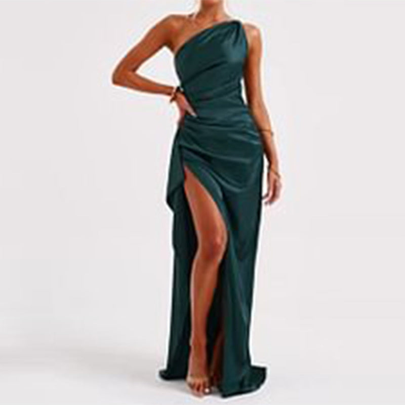 One-Shoulder Satin Backless Slit Dress