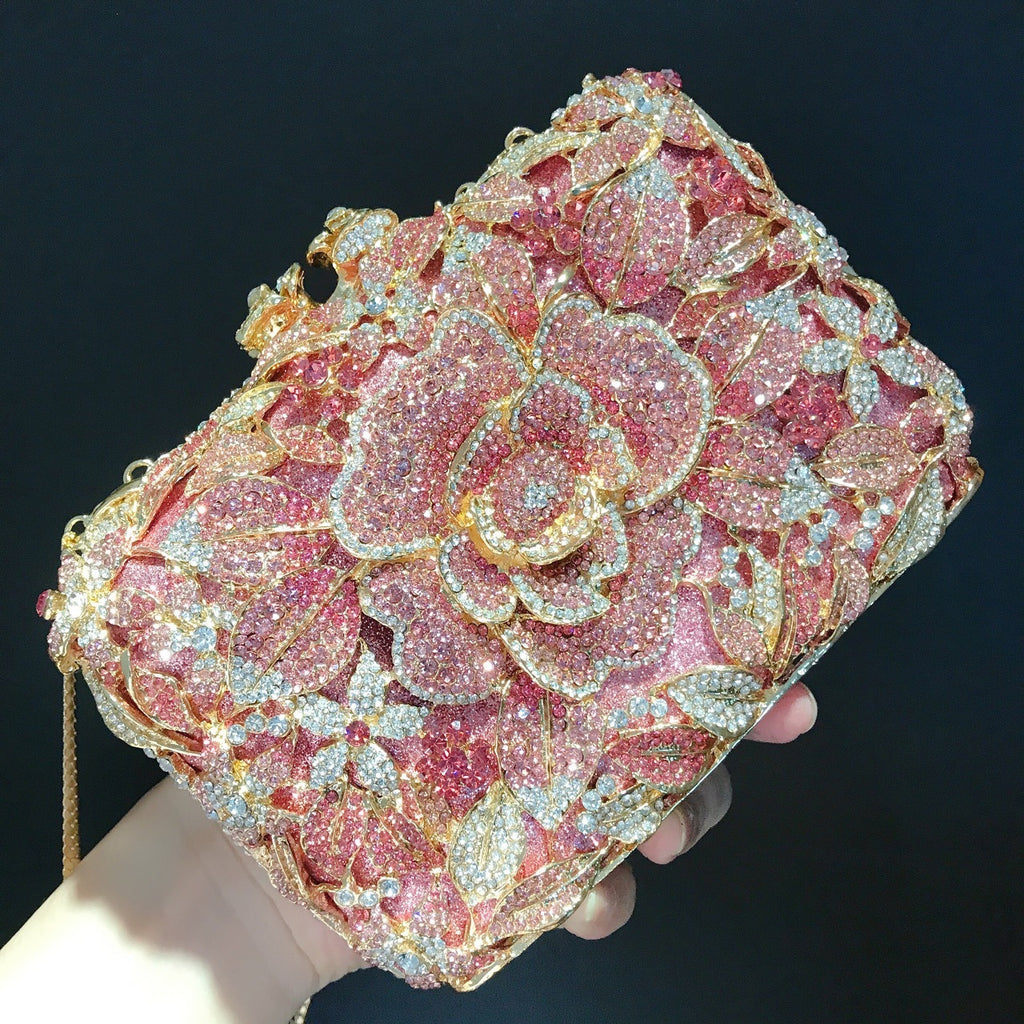 Metal Rose Diamond Chain Clutch