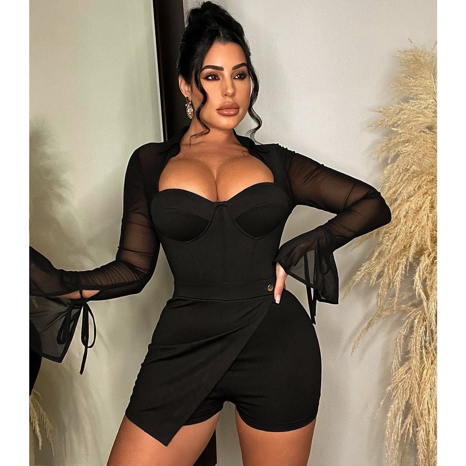 Mesh See-through Bell Sleeve Jumpsuit