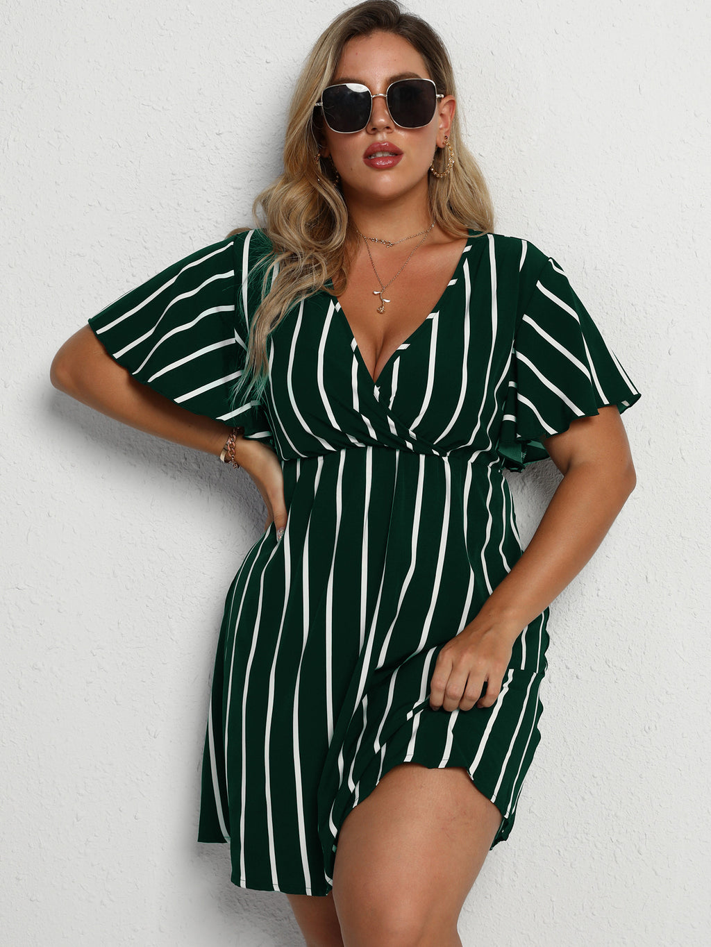 Loose V-Neck Patchwork Striped Dress