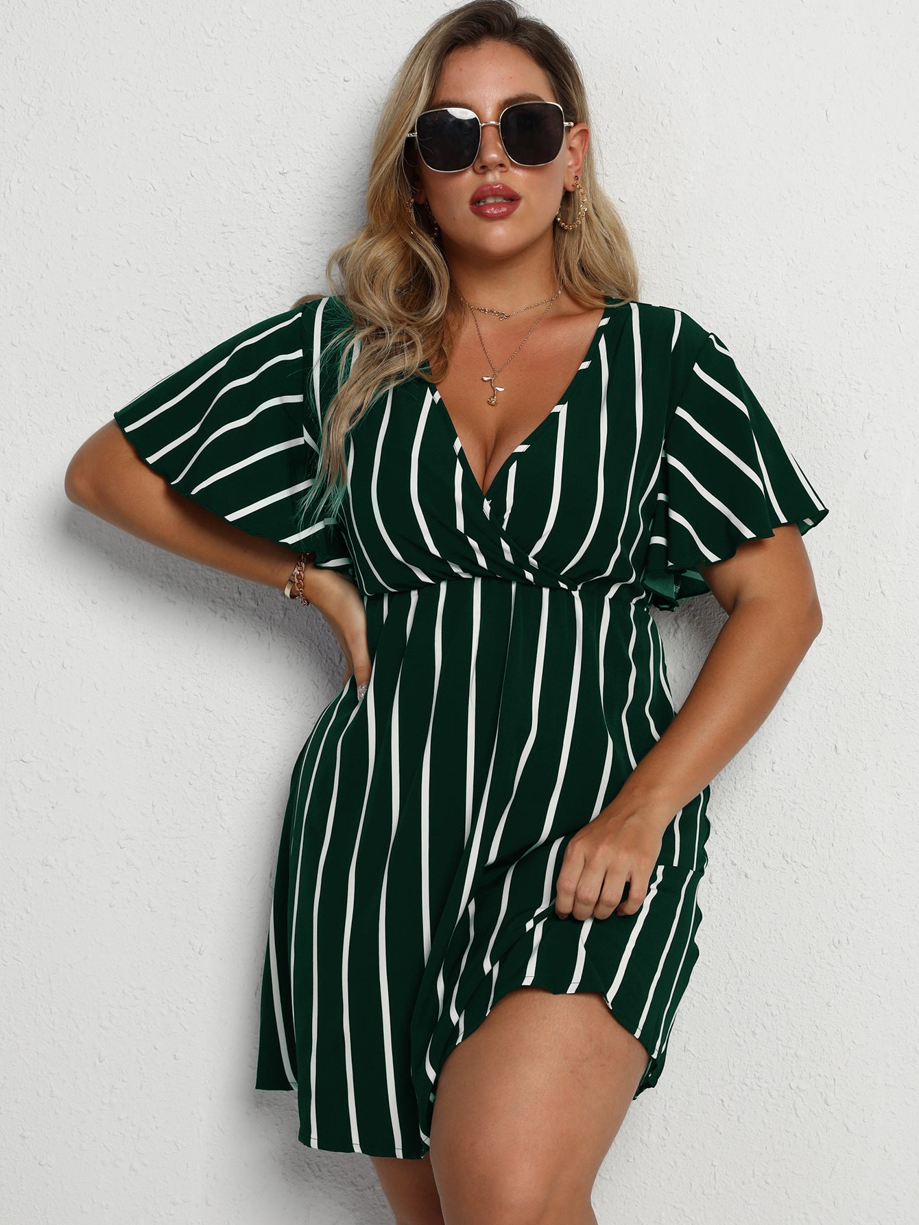 Loose V-Neck Patchwork Striped Dress