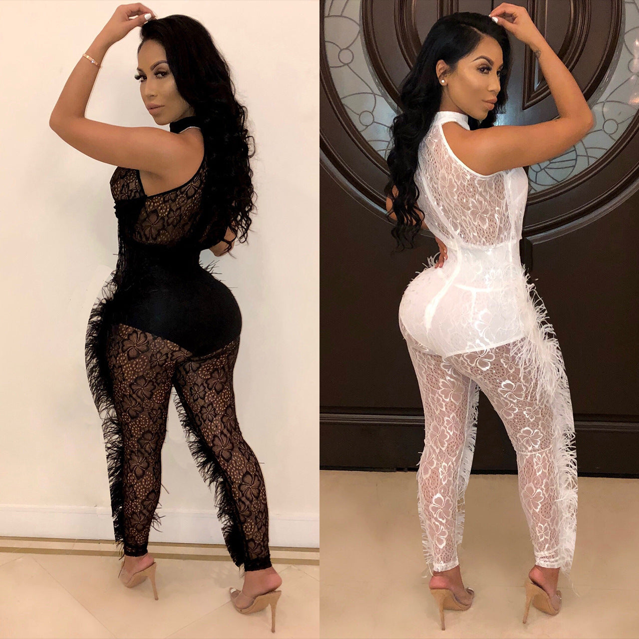 Flowern Lace w/Feather Trim Jumpsuit