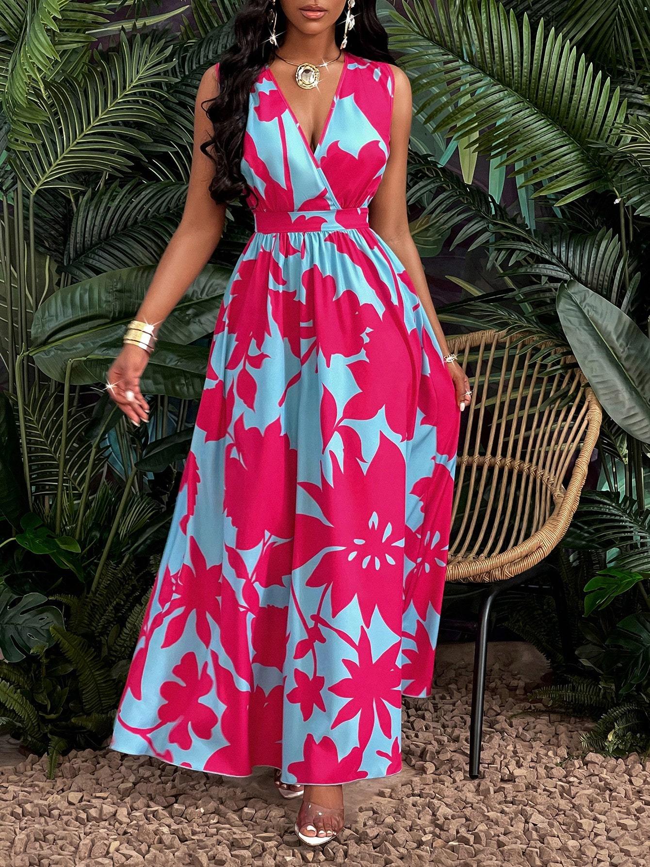 Printed Deep V Neckline Cinched Waist Fit and Flare Dress