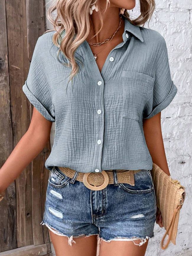 Cotton Solid Color Casual Button Shirt with Pocket