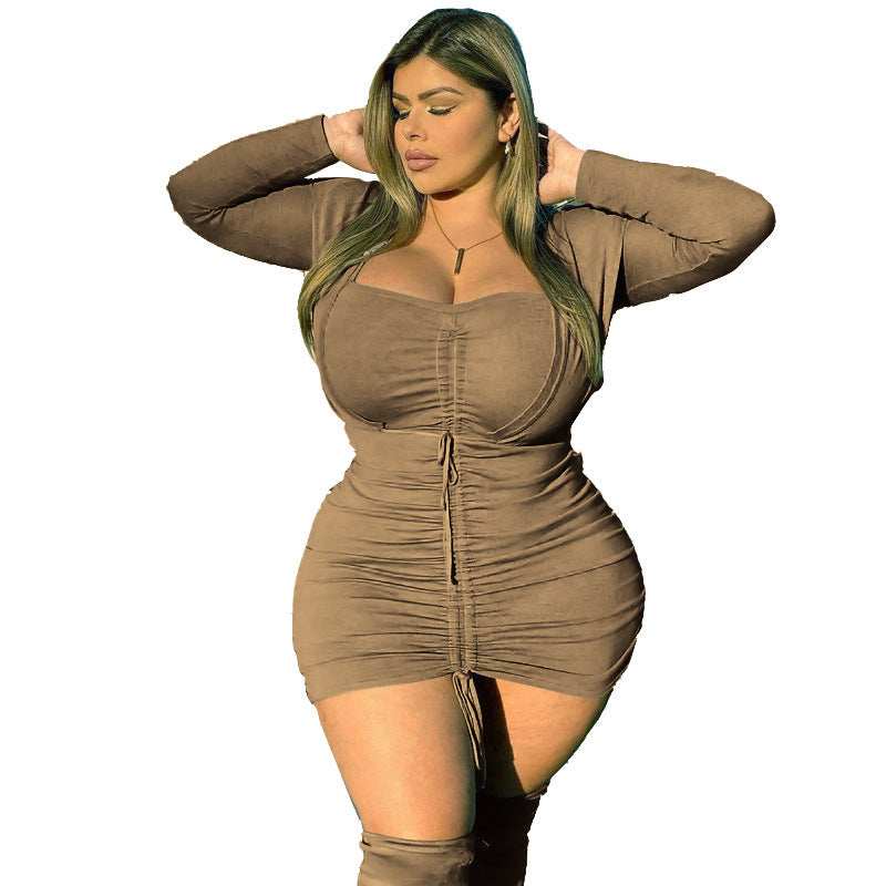 V-neck Short Solid Color Plus Size Tight Dress