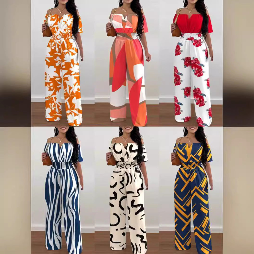 Printed Off-shoulder Fitted Waist Jumpsuit