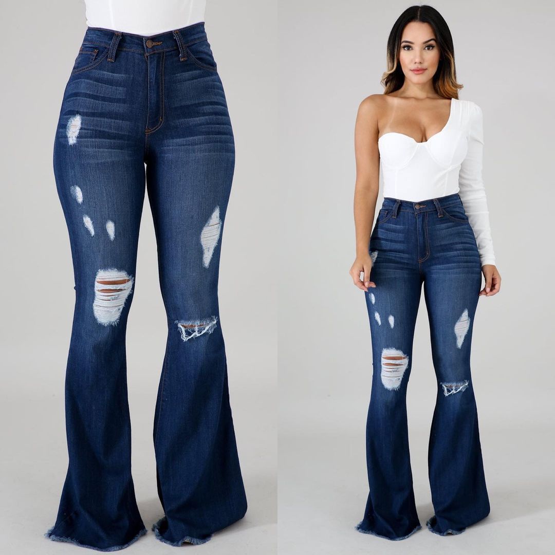 Slim-fit Buttocks Ripped Bell Bottom Jeans