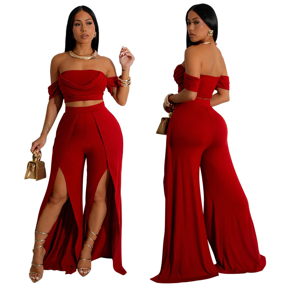 Casual Tube Top Split Wide Leg Pants Set