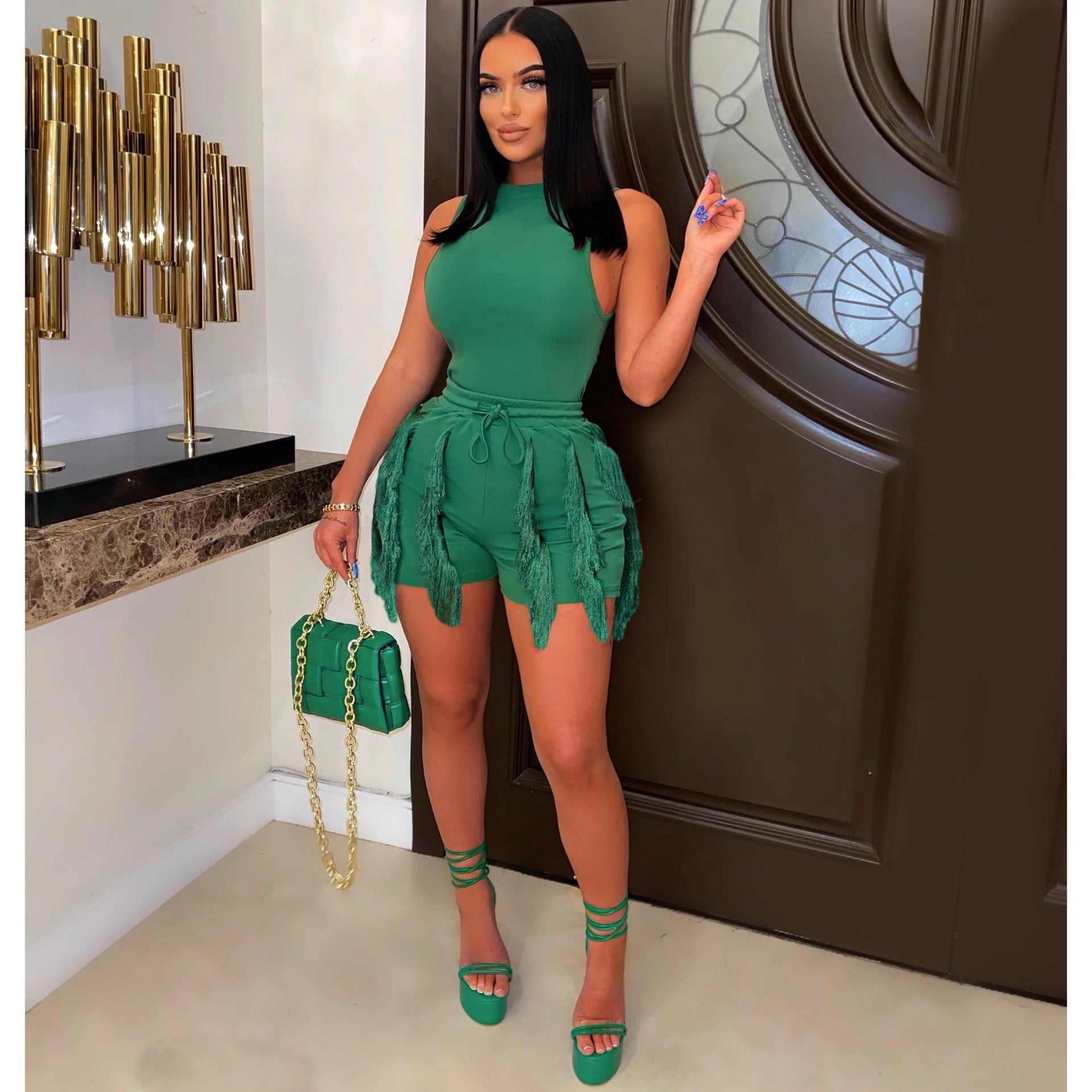 Sleeveless Vest Drawstring Tassel Casual Solid Color Two-piece Short Set
