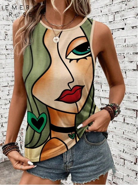 Abstract Face Printed Round Neck Tank Top