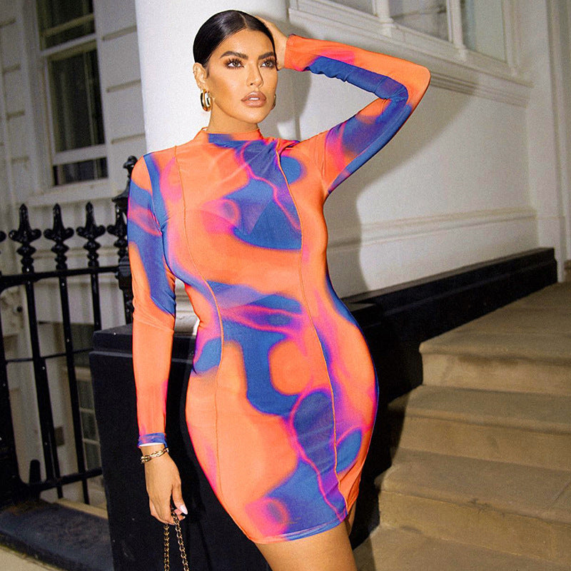Round Neck Long Sleeve Irregular Printed Hip Dress