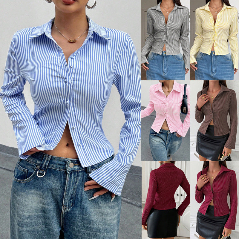 Casual All-match V-neck Striped Long Sleeve Shirt Top