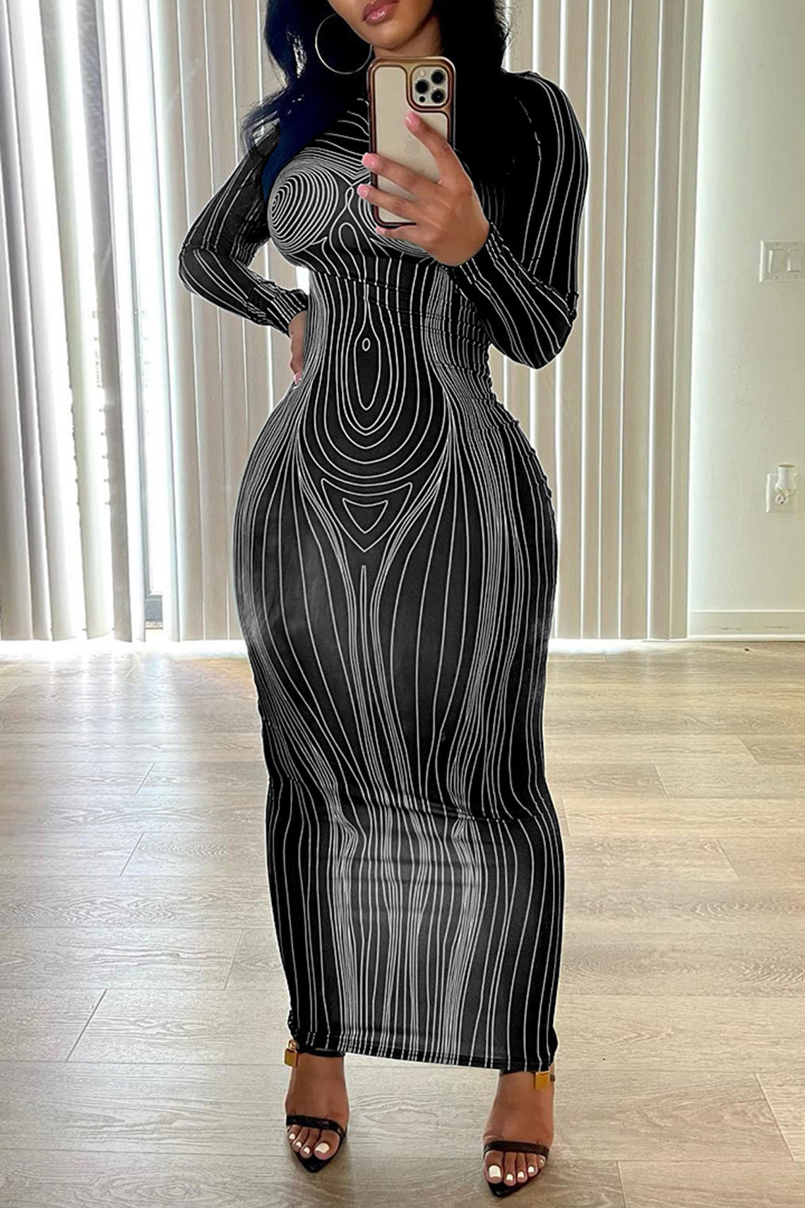 Long Sleeve Round Neck Fashion Printed Slim Fit Sheath Bottom Dress